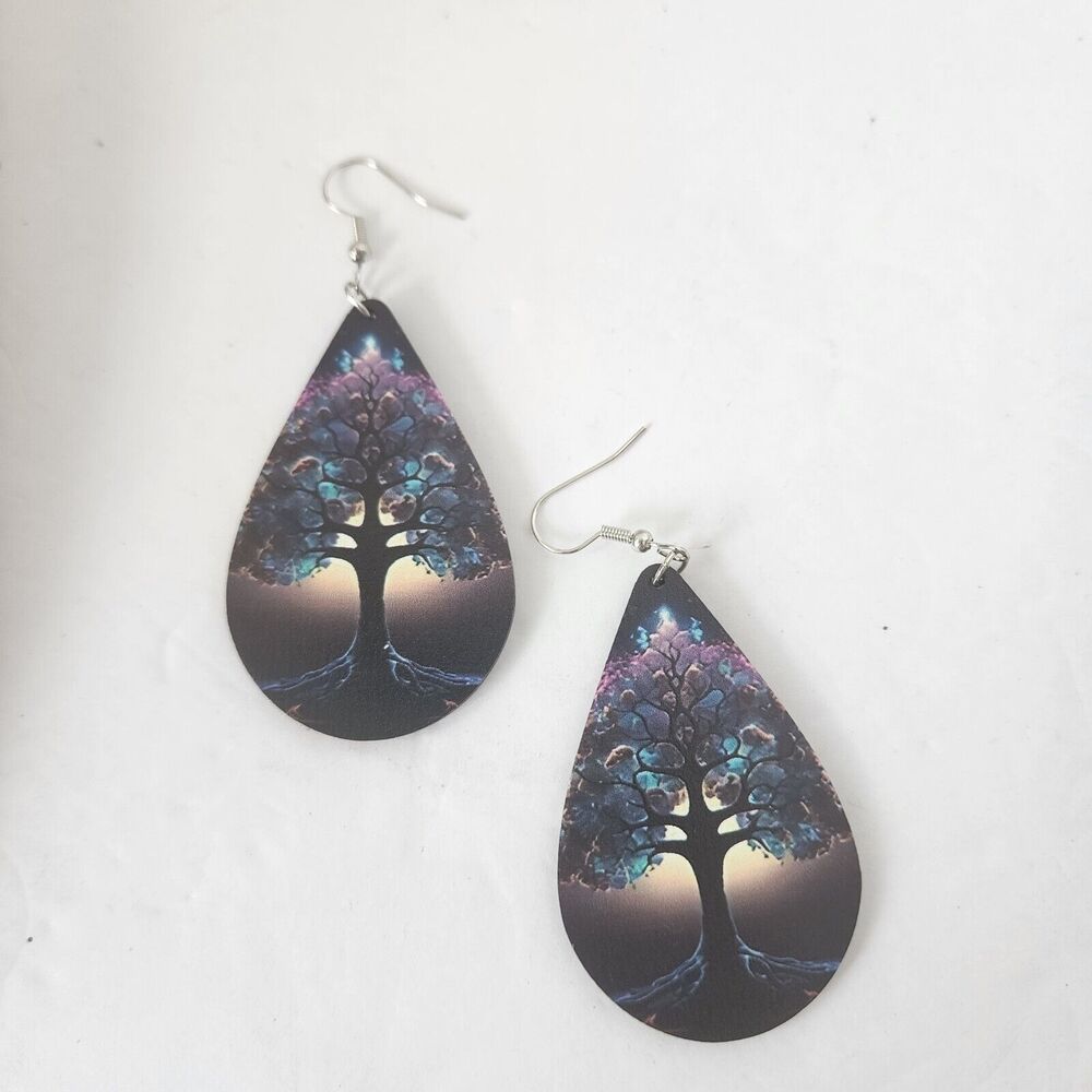 Tree Of Life Teardrop Dangle Earrings Double Sided Wooden Purples Blues Black